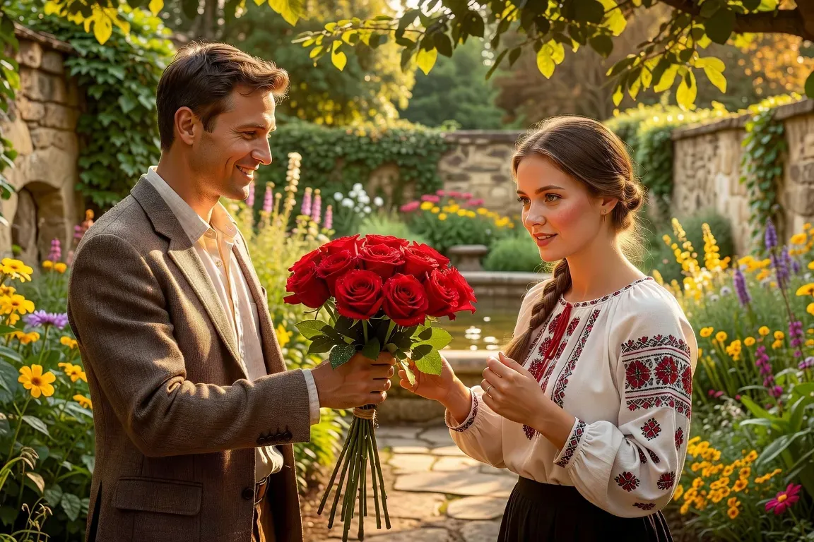 Homme offrant des roses rouges en nombre impair à une femme slave, tradition russe
