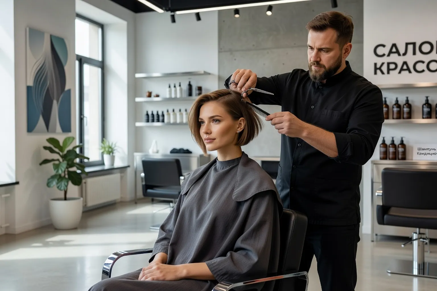 Salon de coiffure en Russie avec coupe tendance sur cheveux slaves