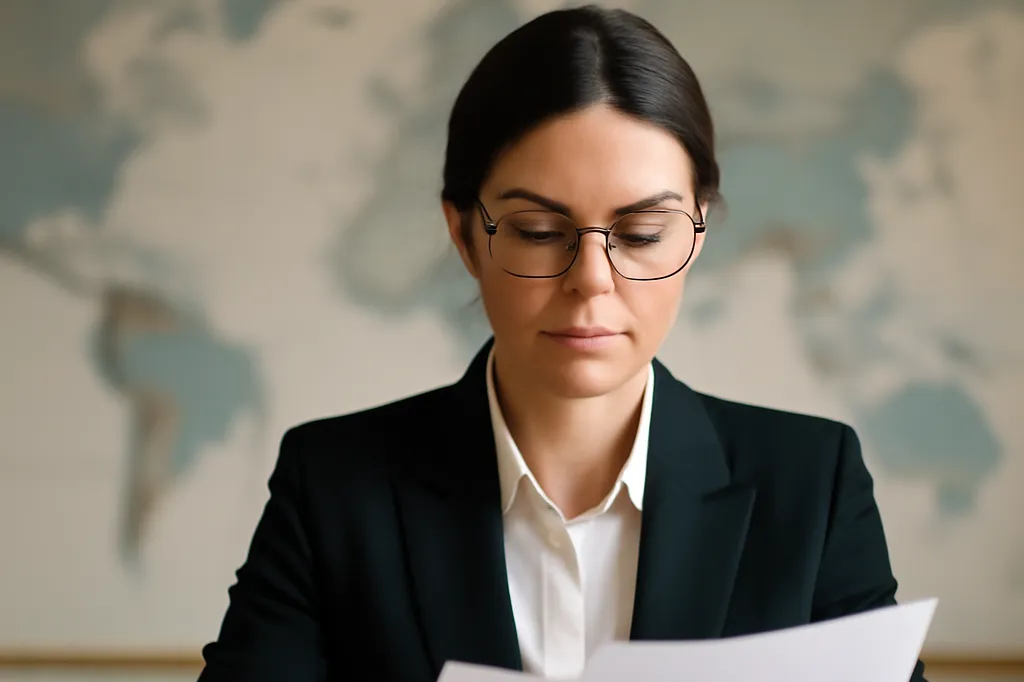 Avocate examinant des documents juridiques internationaux devant une carte du monde