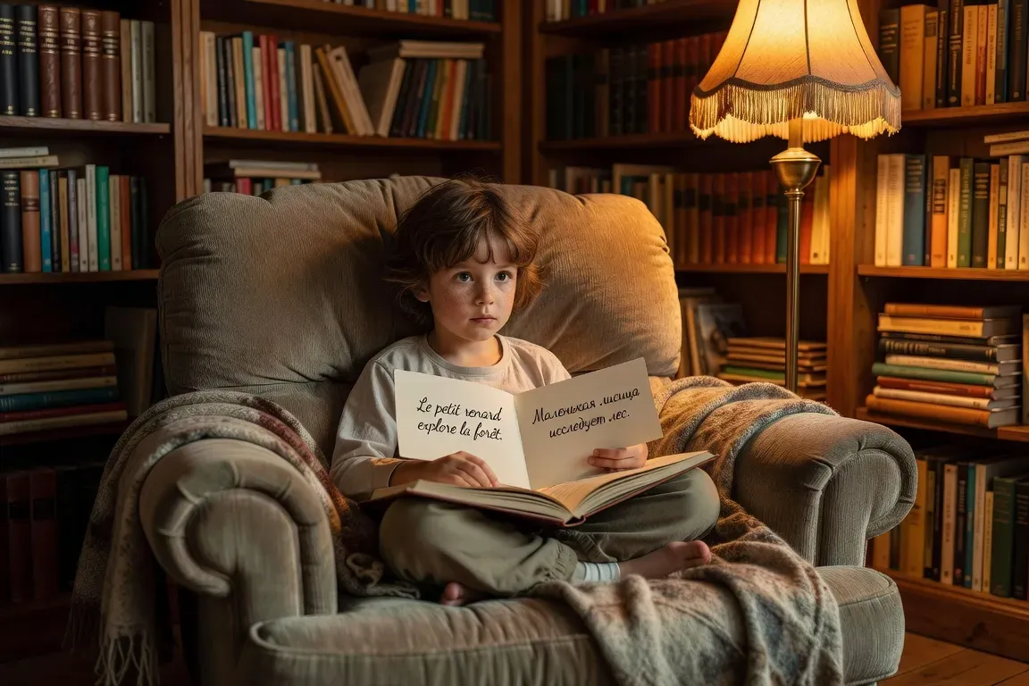 Enfant lisant un livre bilingue français-russe, éducation biculturelle