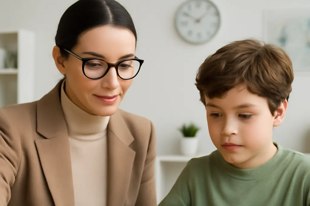 Enseignante aidant un jeune élève avec des cartes de vocabulaire français en classe