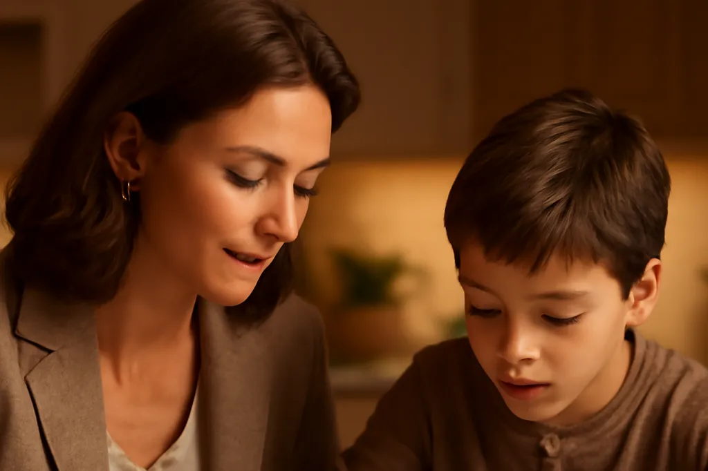 Mère aidant son enfant à faire ses devoirs à la table de la cuisine