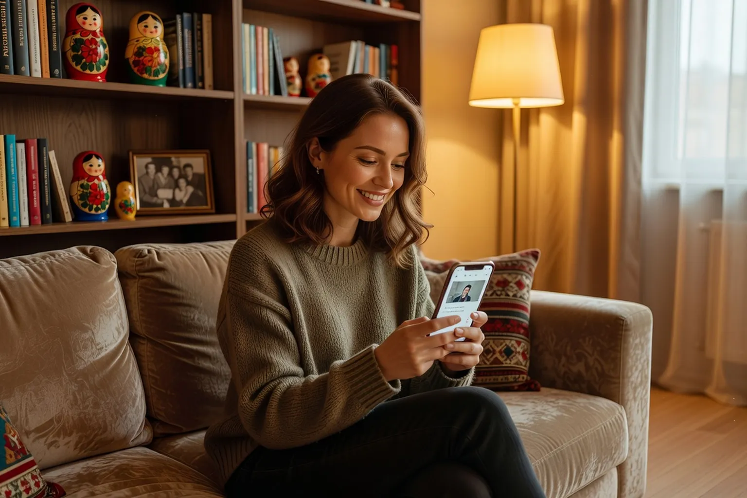 Couple franco-russe en appel vidéo, communication longue distance 2026