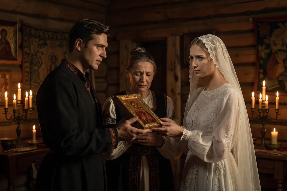 Couple russe lors d'une cérémonie traditionnelle : voile blanc, bénédiction maternelle