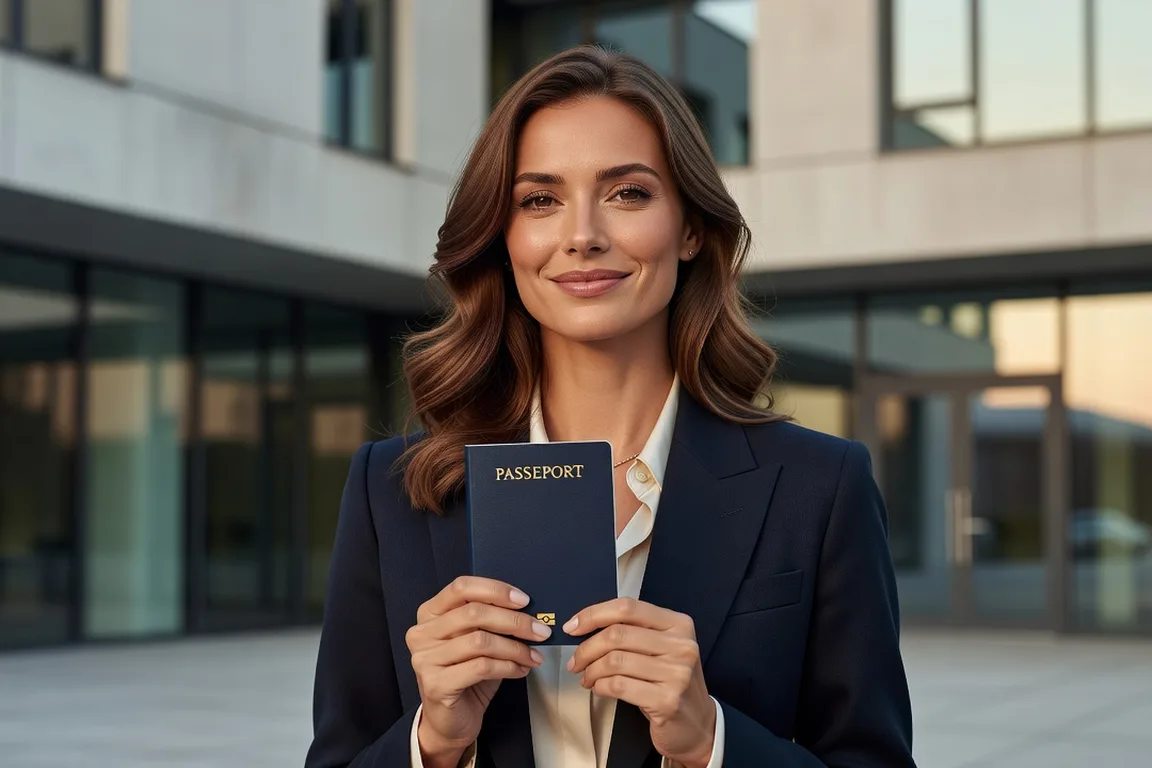 Femme adulte tenant fièrement un passeport français neuf devant une préfecture