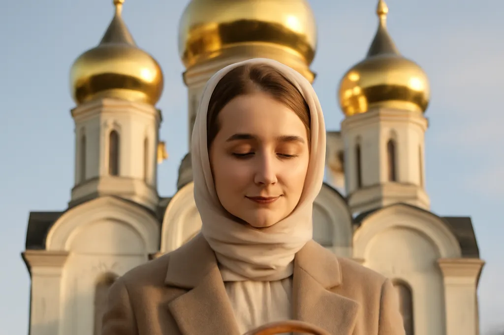 Femme tenant un panier avec koulitch et œufs peints devant une église orthodoxe russe aux dômes dorés