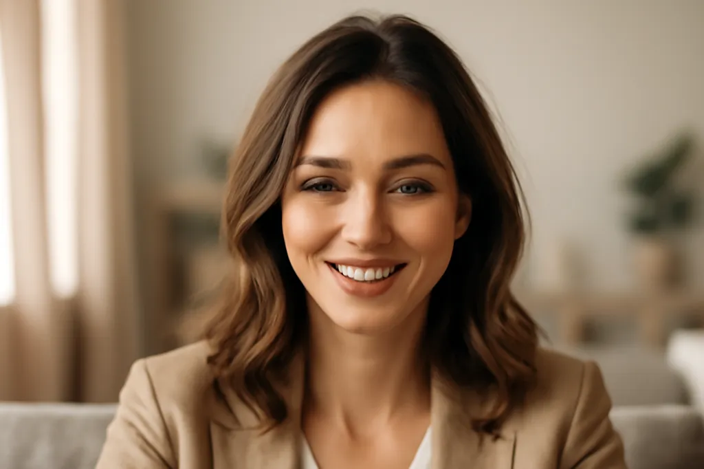 Femme élégante souriant chaleureusement pendant un appel vidéo sur son ordinateur portable