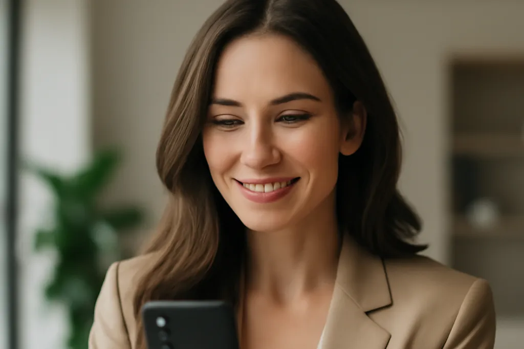 Femme élégante souriant en vérifiant un profil de rencontre sur son smartphone