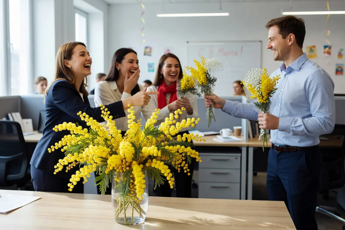 Bouquet de mimosa offert le 8 mars dans un bureau russe, tradition de la fête des femmes