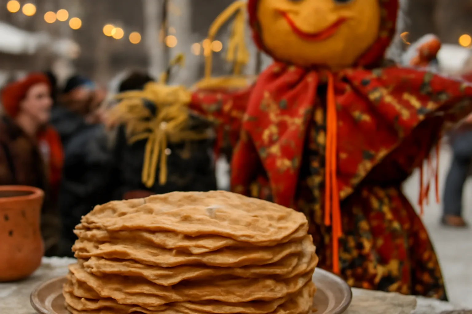 Célébration de Maslenitsa, crêpes bliny et ambiance hivernale festive russe