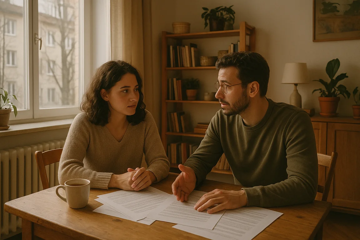 Couple franco-russe discutant calmement autour d'une table avec des documents et une tasse de thé