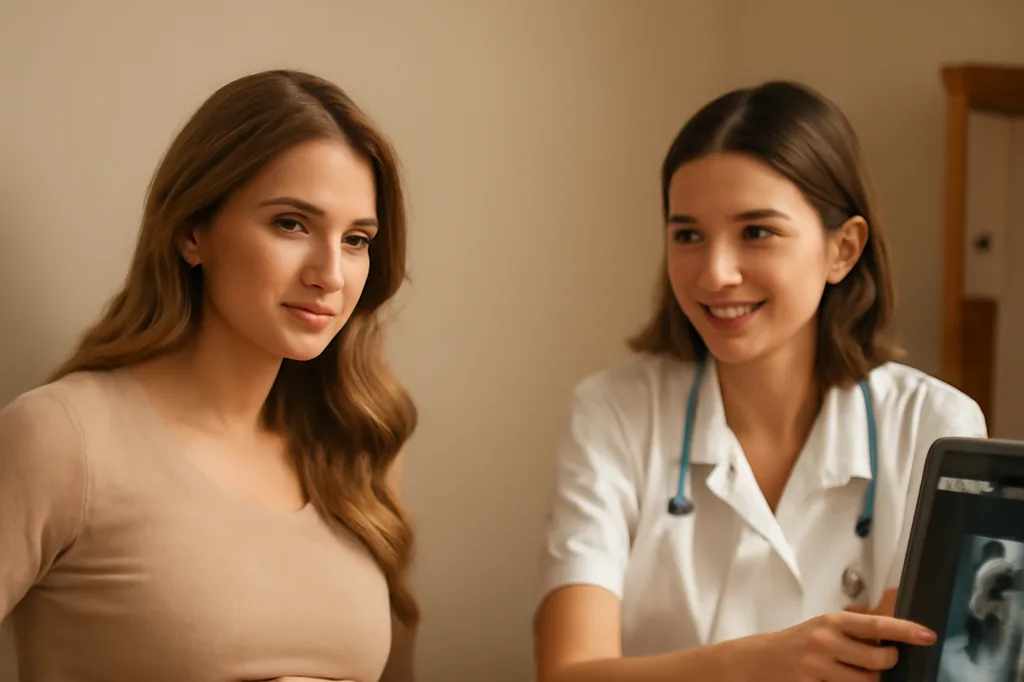 Sage-femme montrant une échographie à une future mère russe lors d'une consultation prénatale