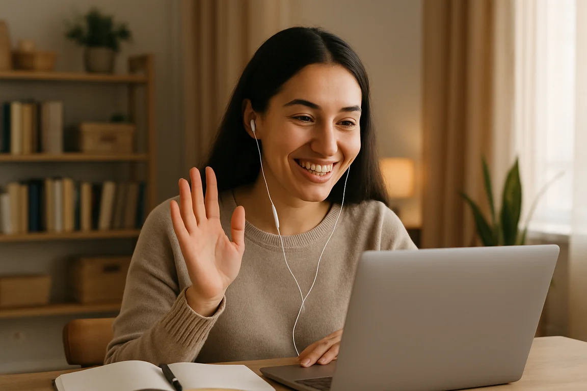 Femme slave souriante lors d'une conversation vidéo sur un ordinateur portable, écouteurs sur les oreilles
