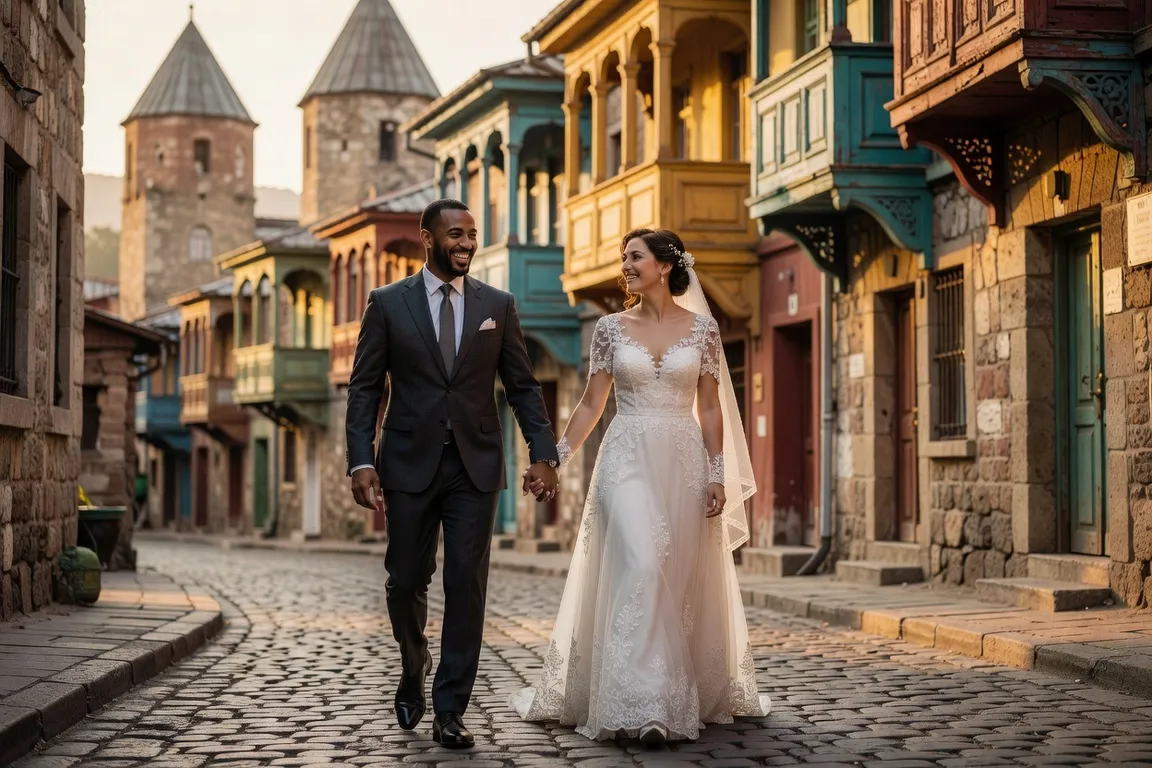 Mariée russe et marié français marchant dans les ruelles de la vieille ville de Géorgie pendant leur voyage de noces