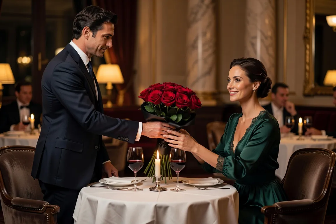Homme français offrant un bouquet de roses en nombre impair à une femme russe lors d'un premier rendez-vous