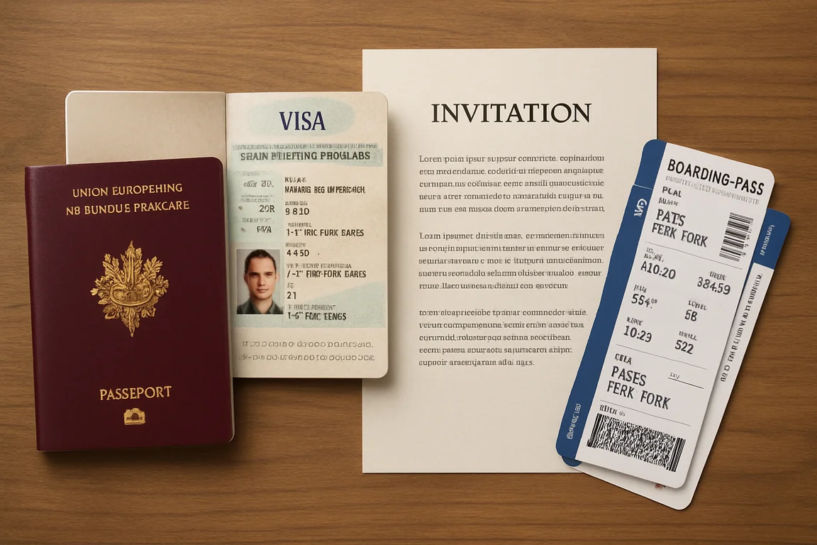 Passeport français ouvert avec un visa russe, une invitation et des billets d'avion sur un bureau