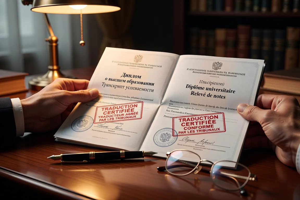 Traducteur assermenté vérifiant un diplôme russe et ses relevés de notes pour la procédure ENIC-NARIC