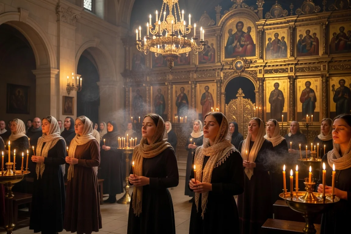 Fidèles lors d'un office orthodoxe dans une église russe de Paris, lumière des chandeliers et icônes dorées