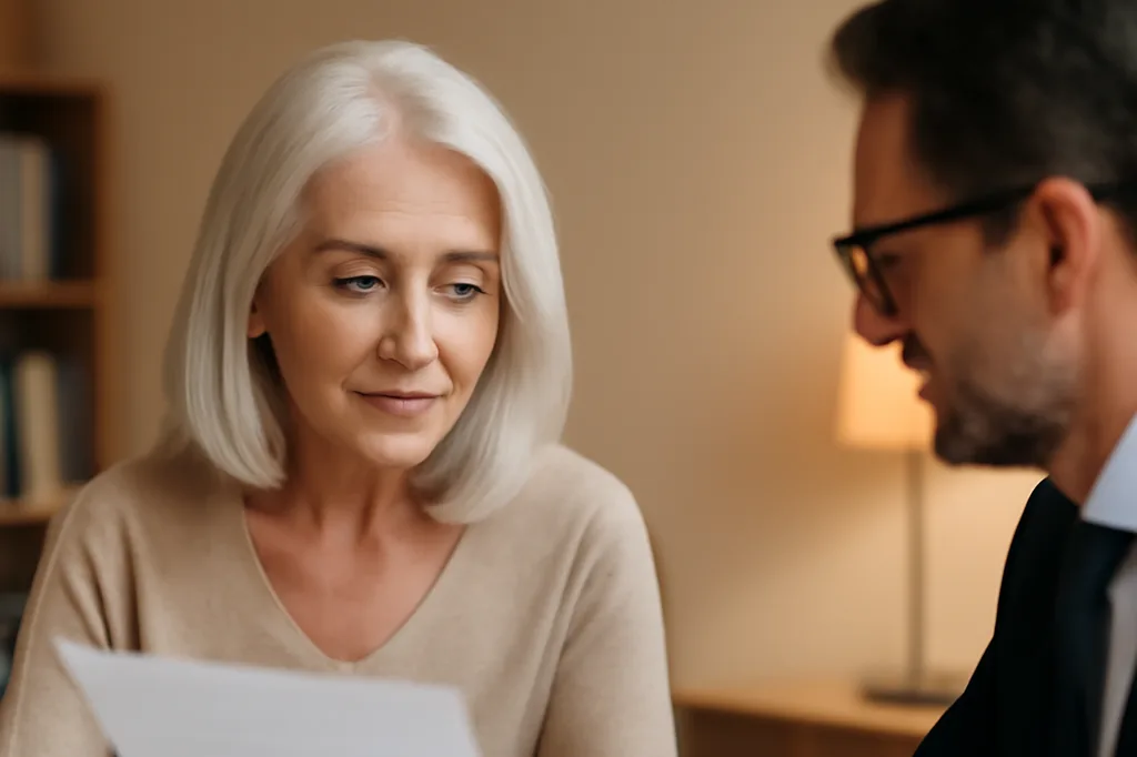 Femme russe senior consultant un conseiller retraite français au sujet de sa pension