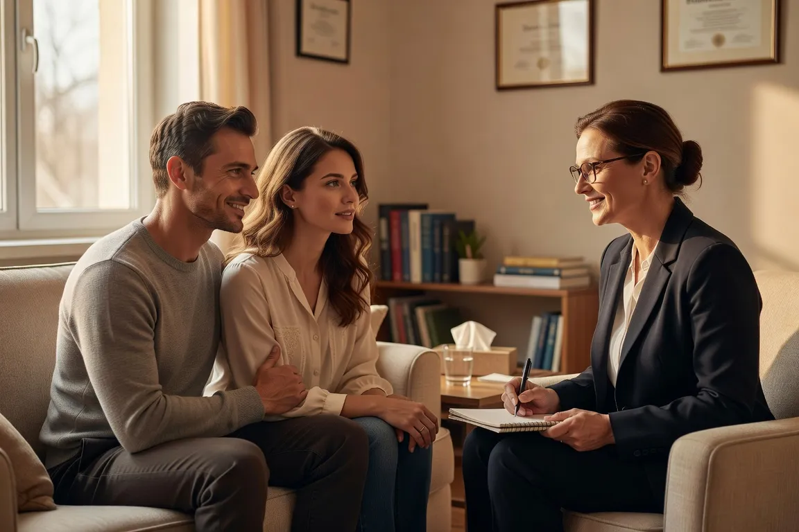 Couple franco-russe échangeant un regard complice lors d'une consultation de psychologie de couple