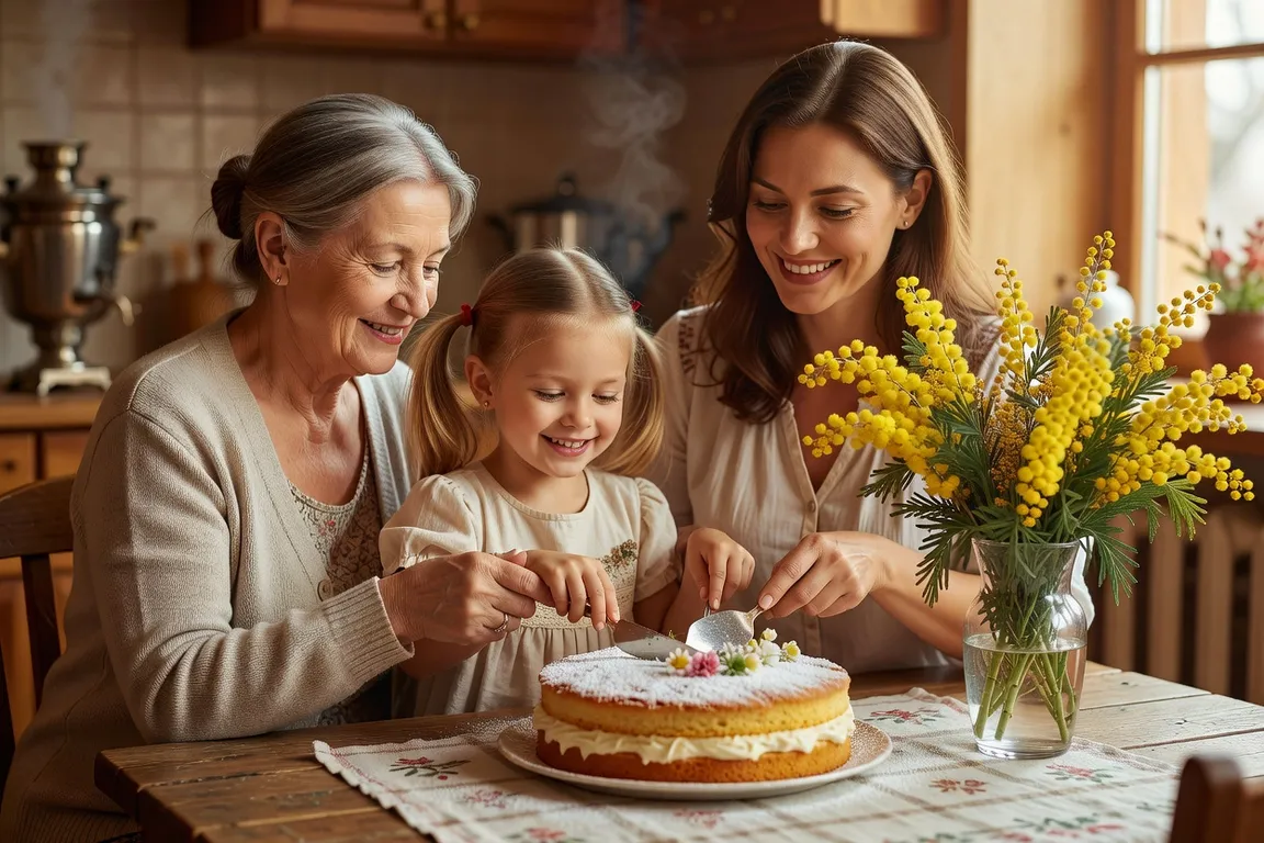 Femmes russes de trois générations réunies autour d'un gâteau pour fêter le 8 mars en famille