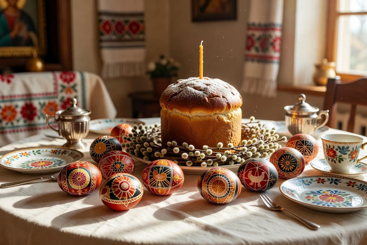 Œufs de Pâques orthodoxes décorés (pysanky) et koulitch, symboles de Pâques orthodoxe