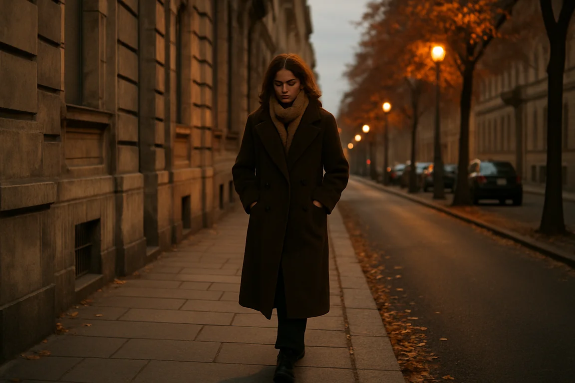 Femme russe marchant seule dans une rue parisienne, façade haussmannienne, regard vers l'avant