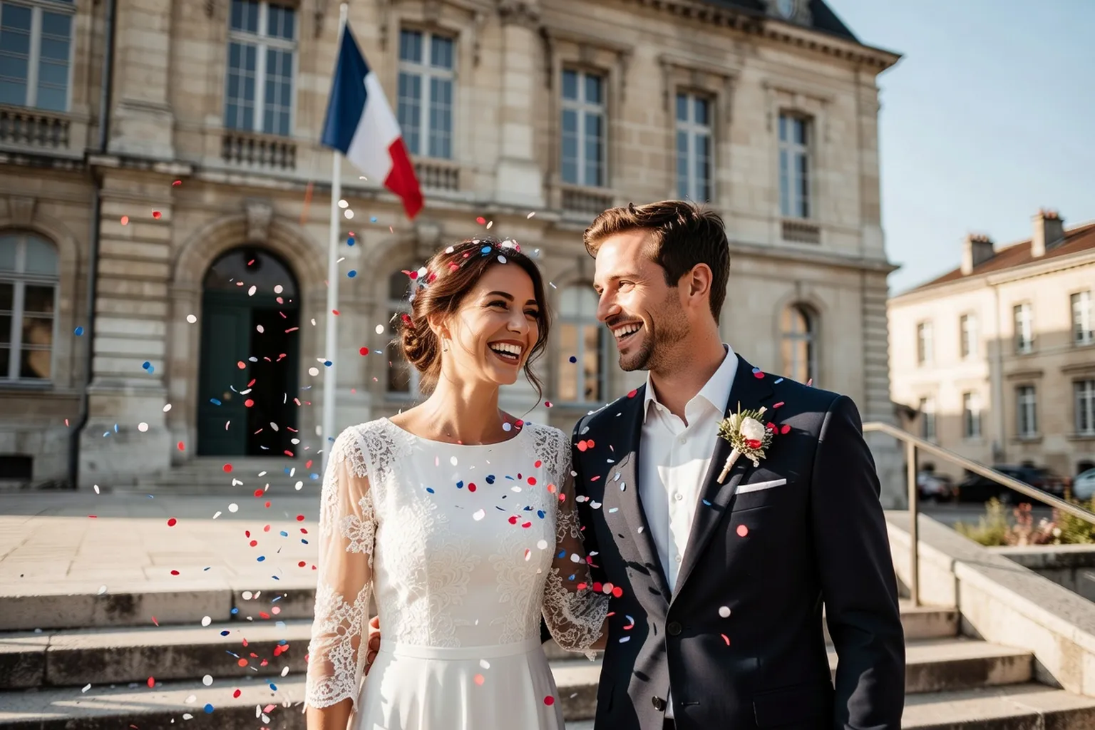 Couple heureux après une cérémonie de mariage civil en mairie française