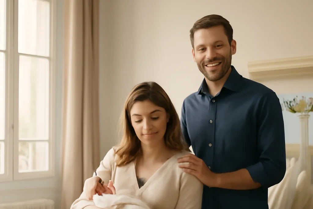 Mère russe tenant son nouveau-né aux côtés de son conjoint français souriant