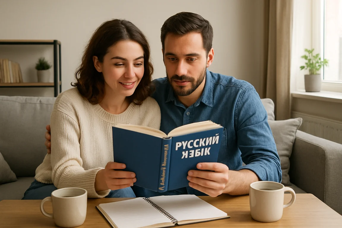 Couple franco-russe étudiant ensemble un manuel de russe dans leur salon, carnets et tasses sur la table basse