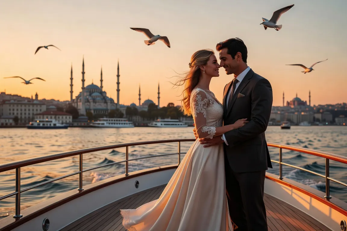 Couple franco-russe profitant d'une croisière en bateau sur le Bosphore à Istanbul pendant leur lune de miel