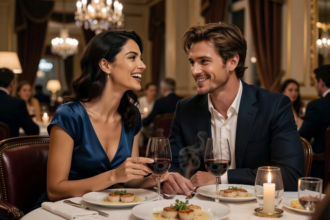 Couple mixte dînant dans un restaurant élégant, galanterie et conversation au cœur du premier rendez-vous