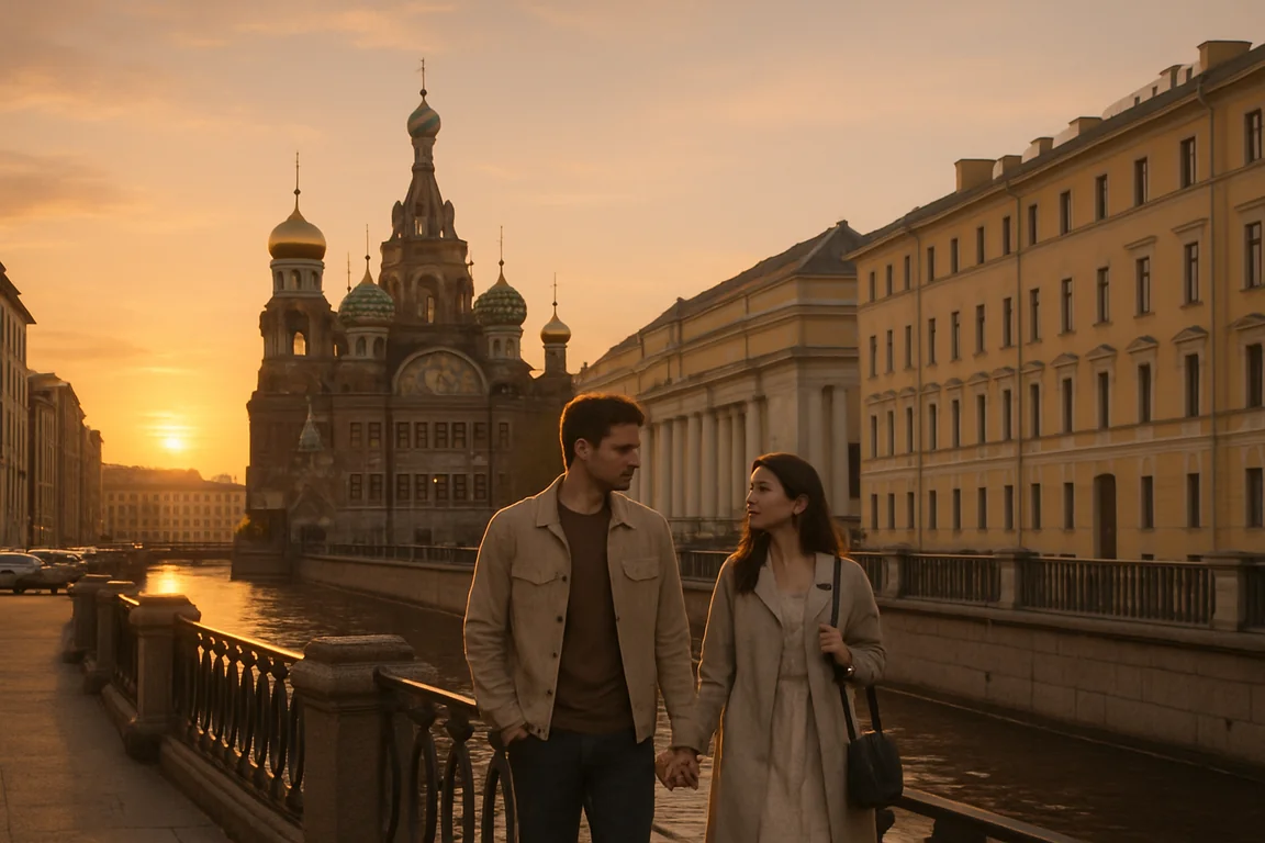 Couple franco-russe se promenant le long d'un canal de Saint-Pétersbourg au coucher du soleil