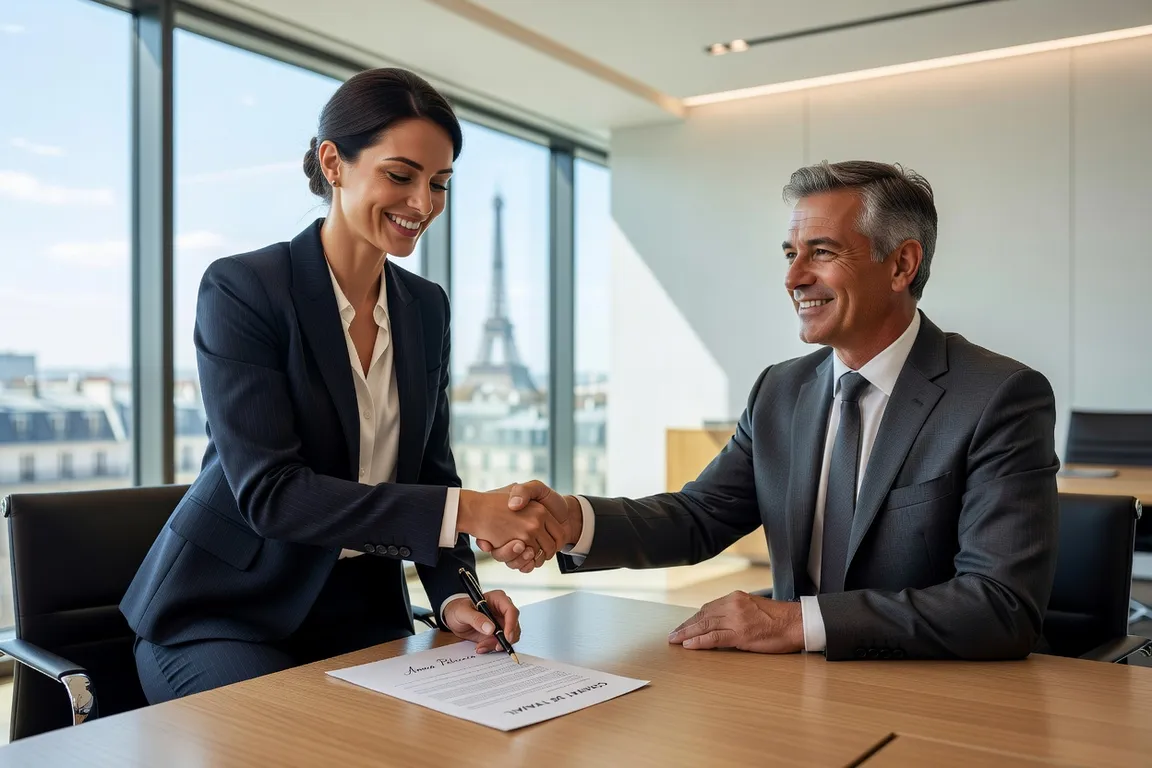 Femme russe diplômée signant son contrat de travail en France après l'attestation de comparabilité