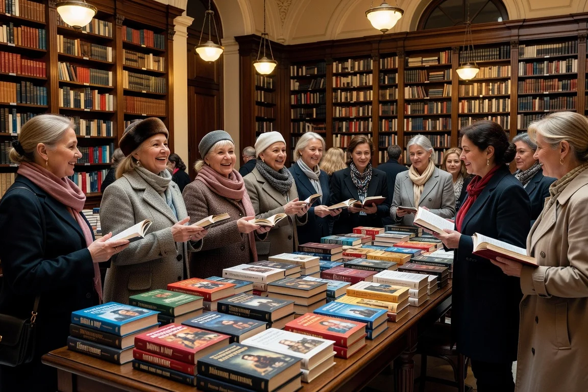 Femmes russes et francophones échangeant autour de livres russes lors d'un salon littéraire parisien