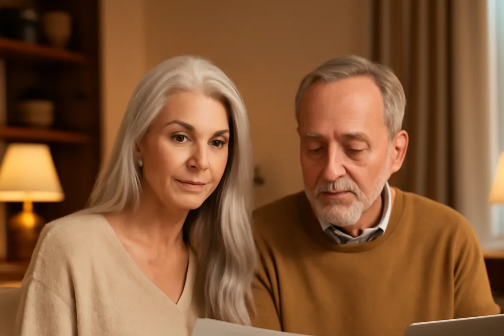 Couple senior franco-russe consultant ensemble leurs documents de retraite à domicile