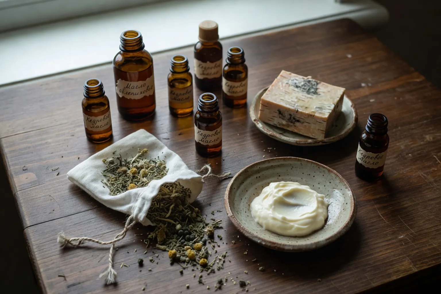 Rituel beauté russe avec cosmétiques naturels et produits traditionnels sur un plan de toilette