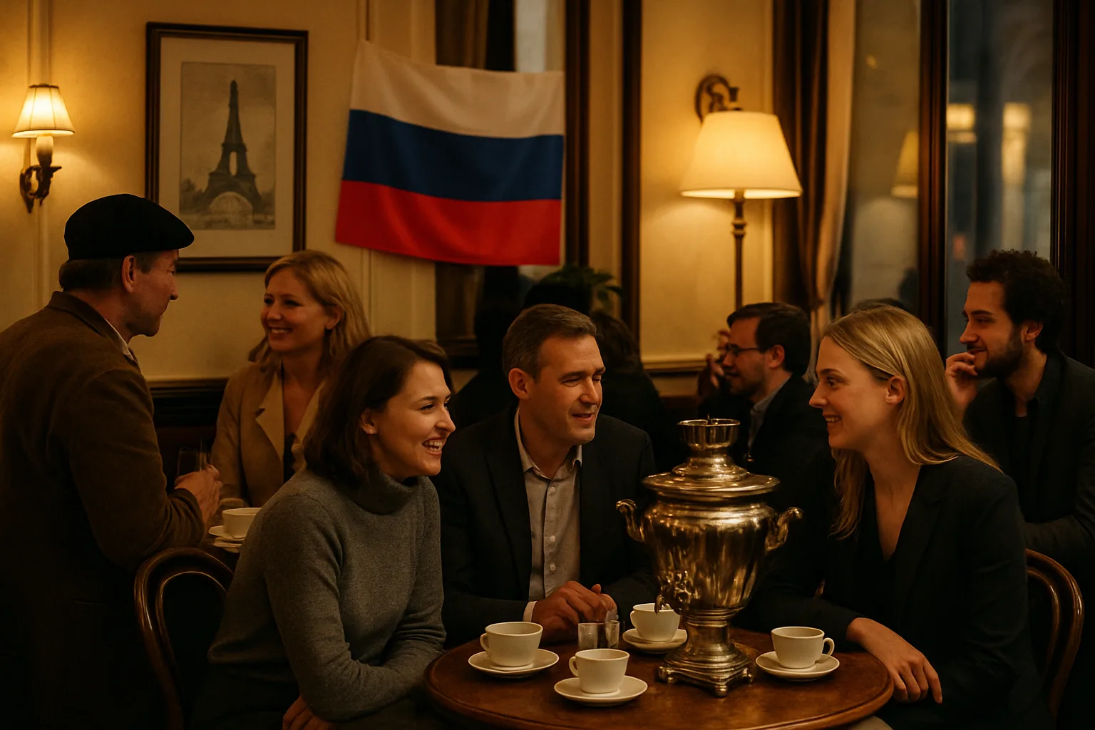 Événement culturel russe à Paris avec des participants échangeant autour d'un buffet traditionnel