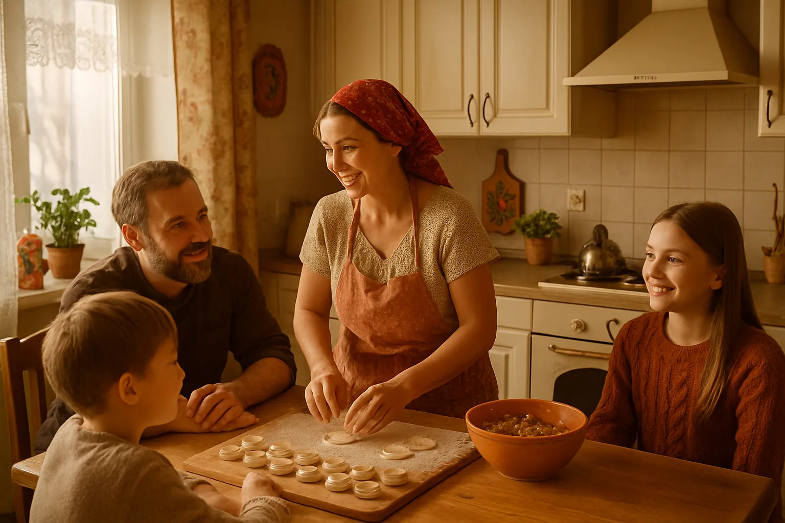 Famille russe réunie autour d'un repas traditionnel, illustrant l'importance des liens familiaux et des traditions dans la culture russe
