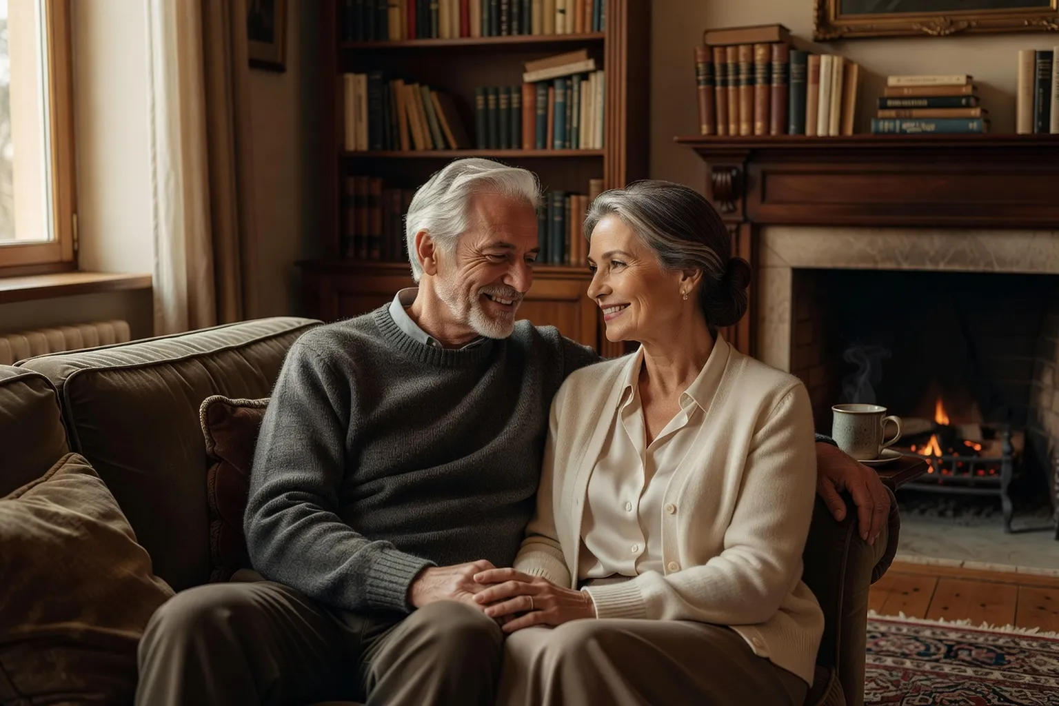 Couple franco-russe mature souriant et complice dans un intérieur chaleureux