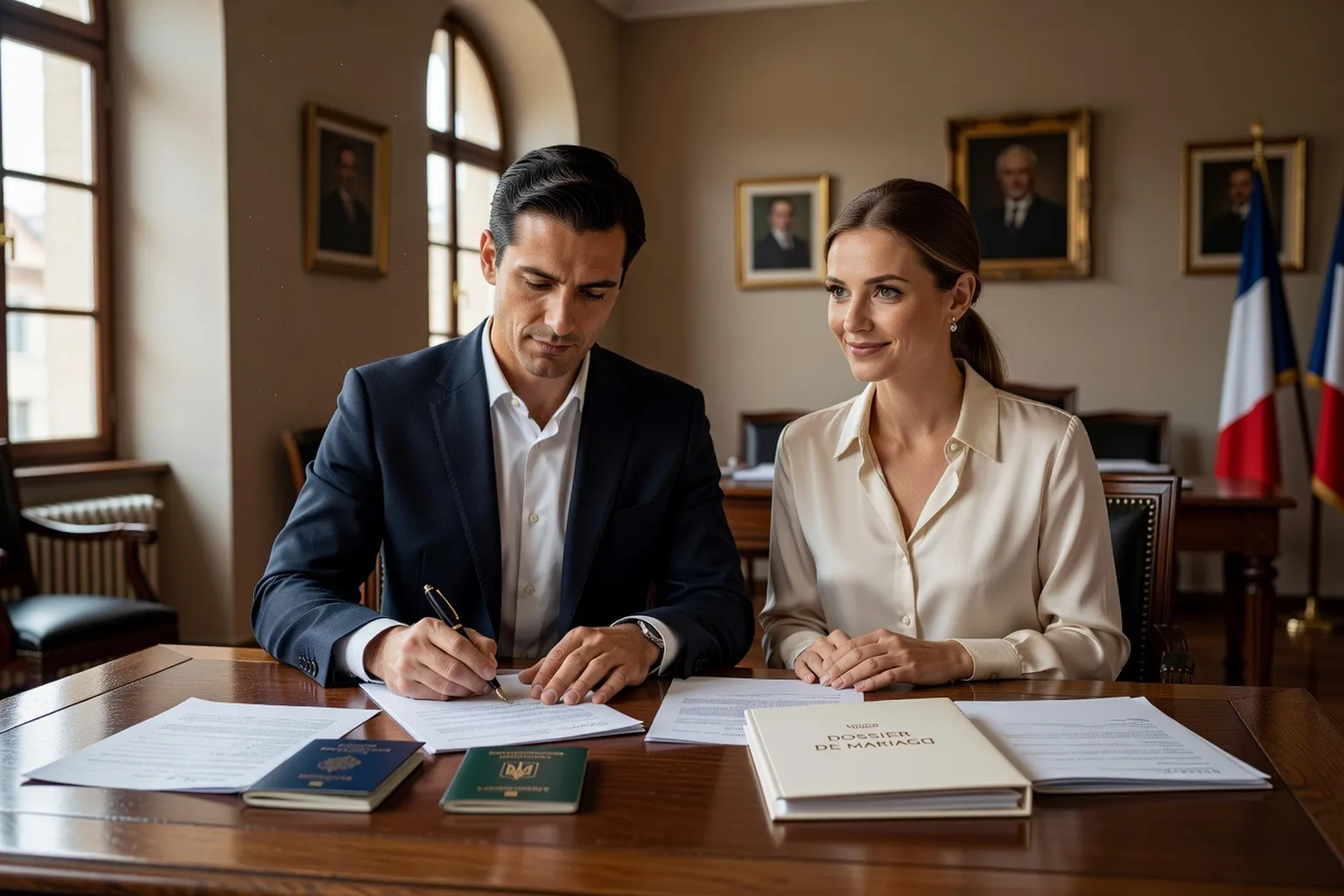 Couple franco-ukrainien signant des documents administratifs de mariage en mairie