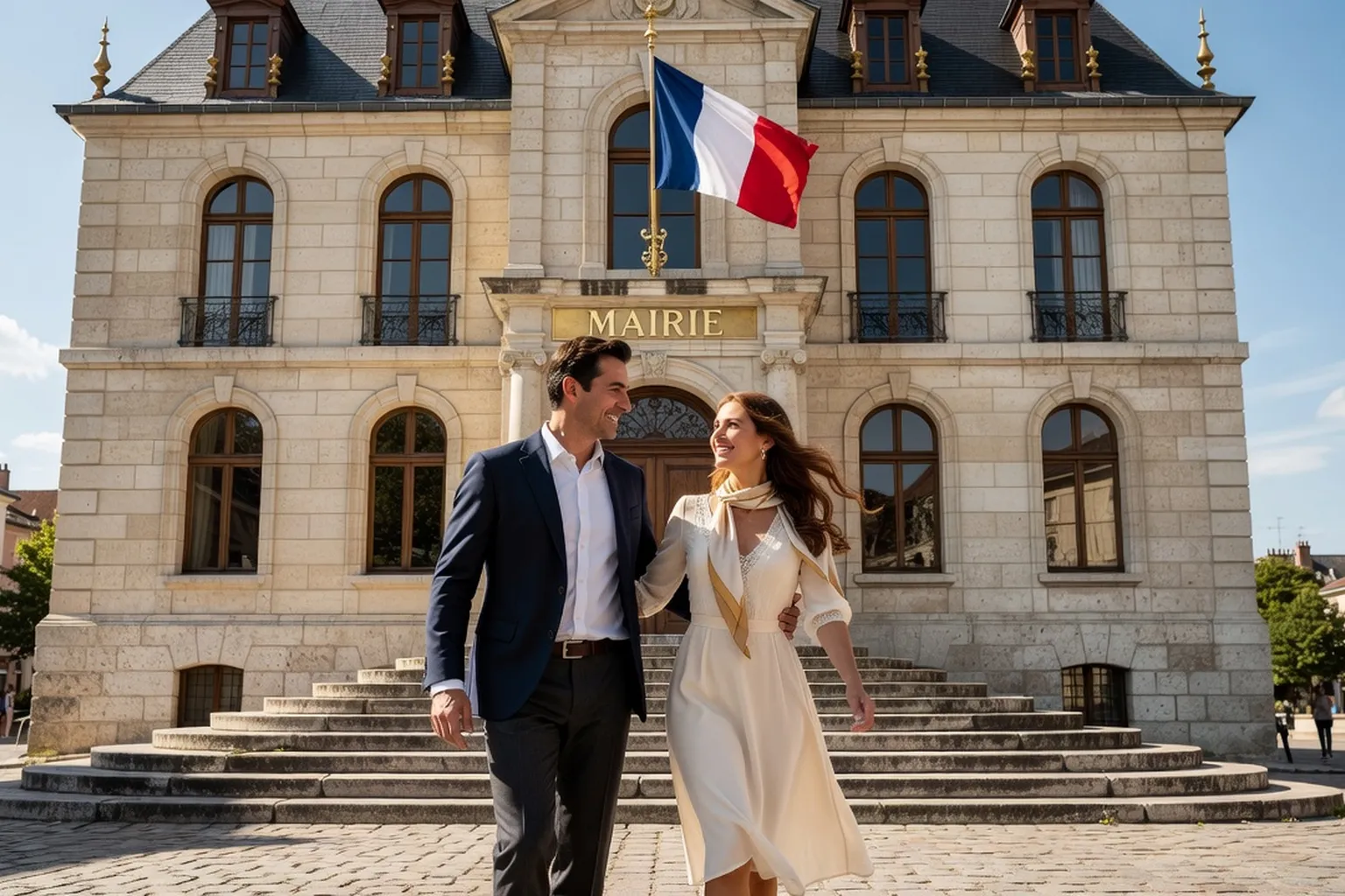 Couple franco-russe préparant les documents administratifs pour leur mariage civil en France