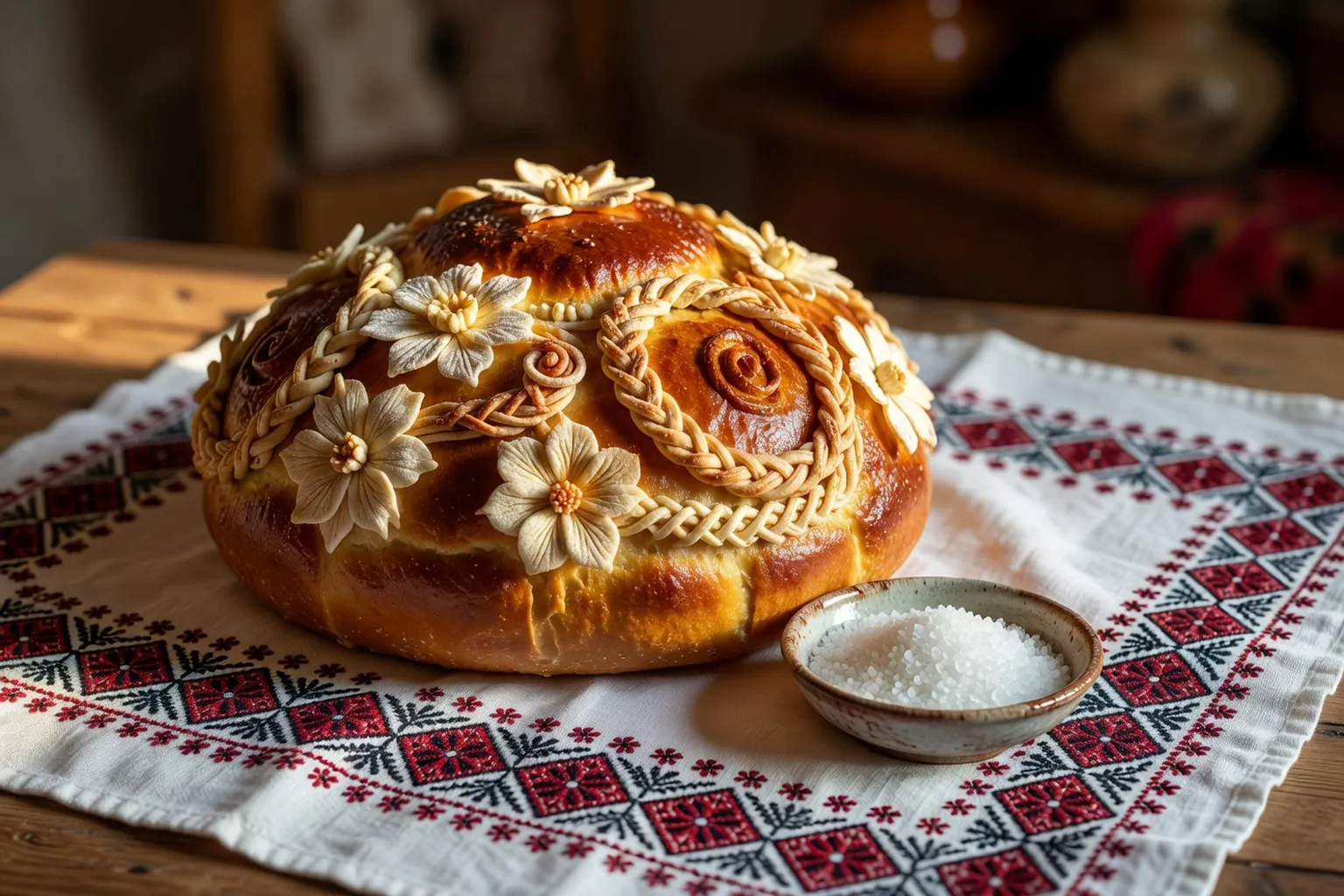 Korovai traditionnel russe décoré de fleurs en pâte, présenté lors d'une cérémonie de mariage