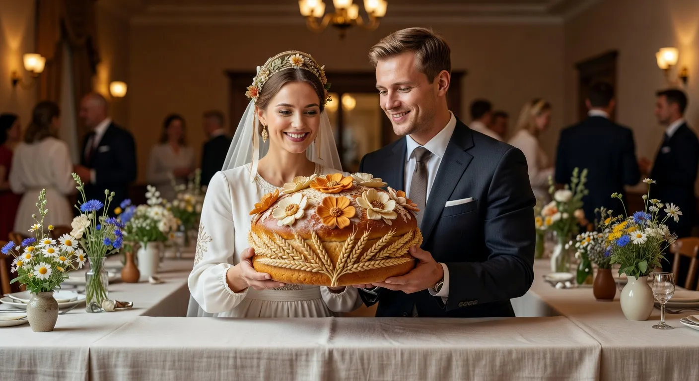 Couple franco-ukrainien partageant le pain korovai lors de la réception