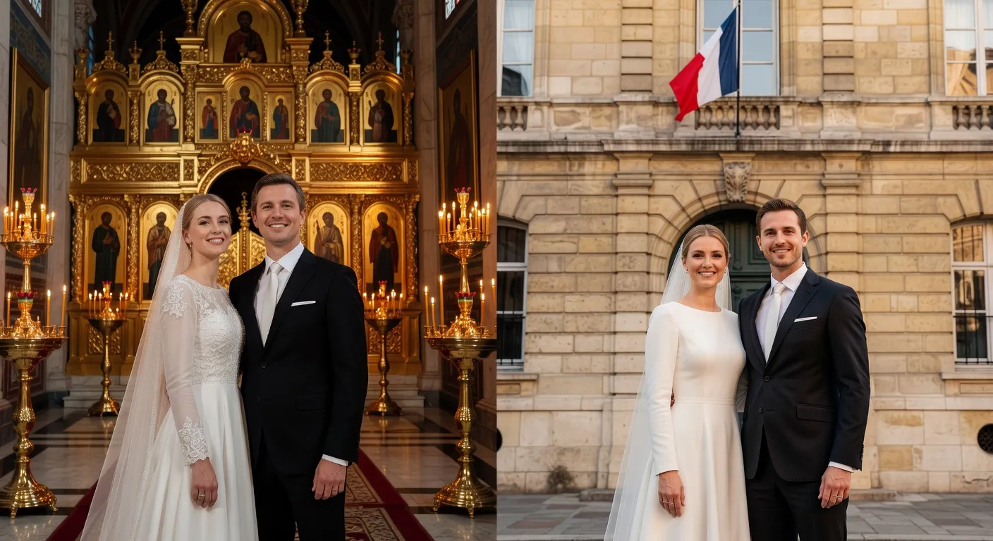 Comparaison côte à côte d'un mariage russe traditionnel et d'un mariage français : deux cultures, deux célébrations