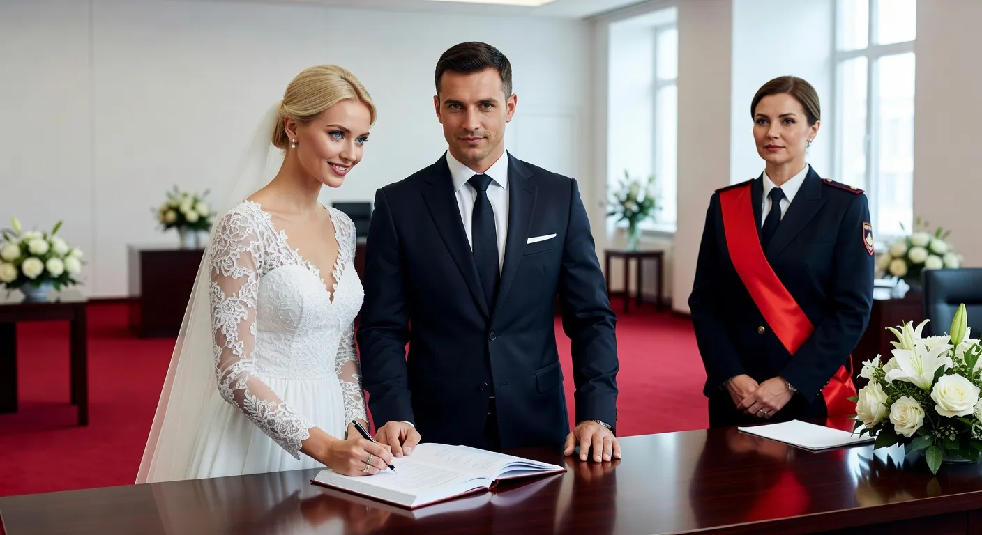 Cérémonie de mariage civil au ZAGS de Moscou avec décor solennel et fonctionnaire en tailleur