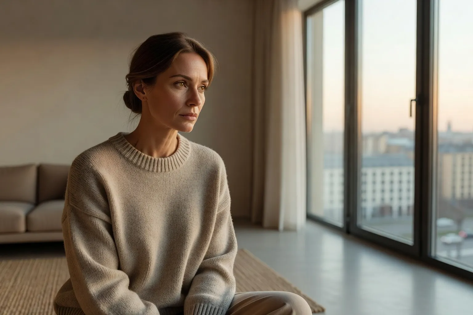 Femme russe pensive incarnant les valeurs et codes sociaux de la mentalité russe