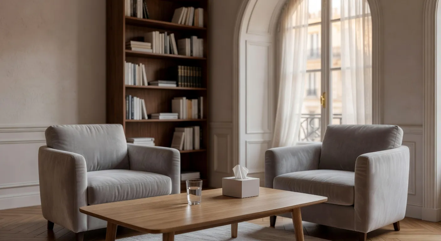 Cabinet de consultation parisien à l'ambiance feutrée, fauteuils en velours et bibliothèque, illustrant le travail clinique avec les couples franco-russes