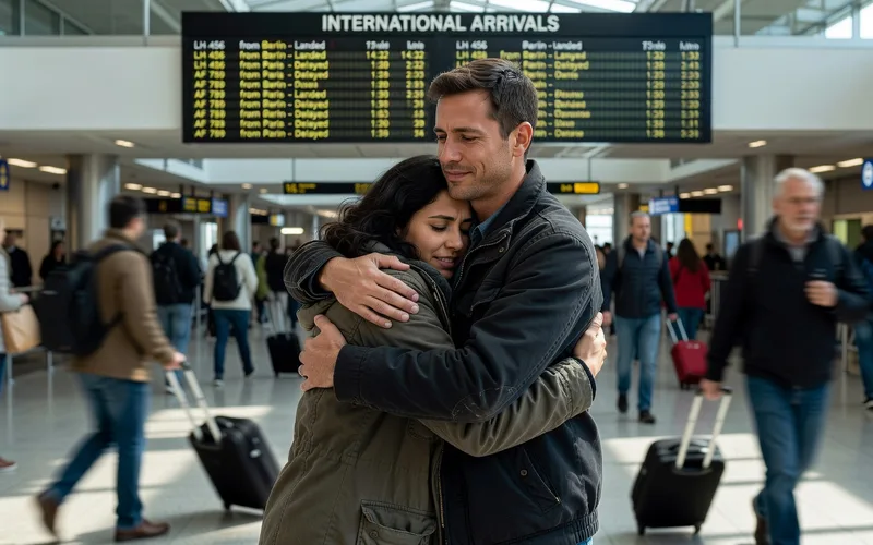 Couple en appel vidéo souriant, illustrant l'importance des échanges vidéo dans la construction d'une relation internationale