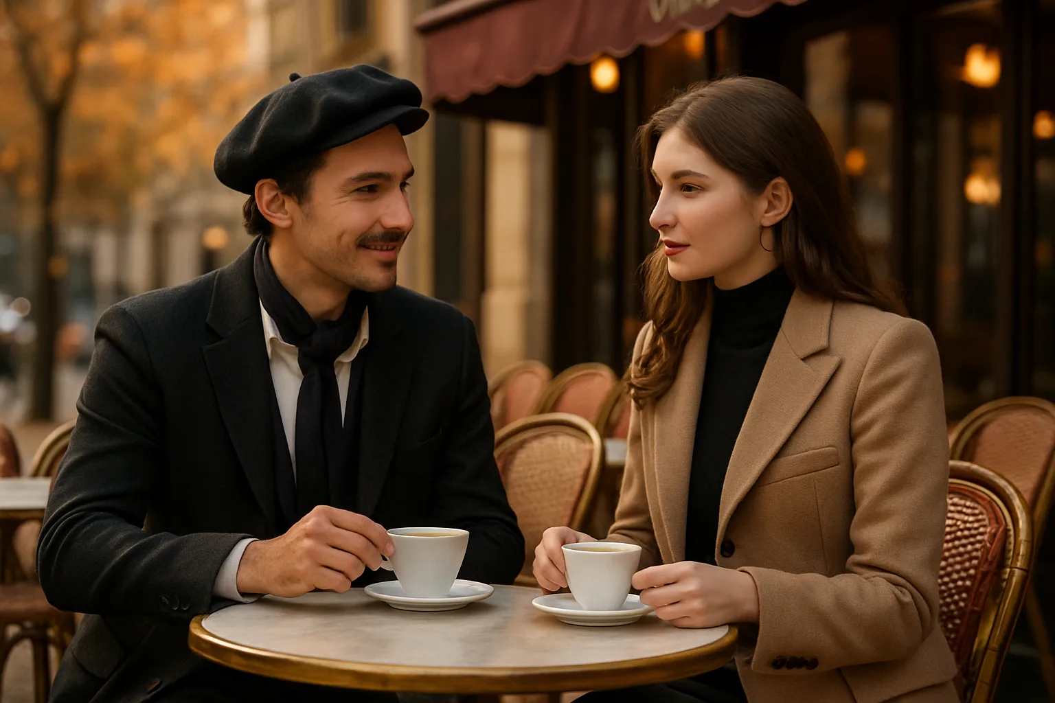 Homme et femme discutant dans un café parisien lors d'un premier rendez-vous franco-russe